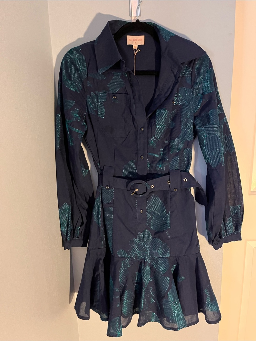 Ciebon Navy Blue Floral Belted Long-Sleeve Dress
